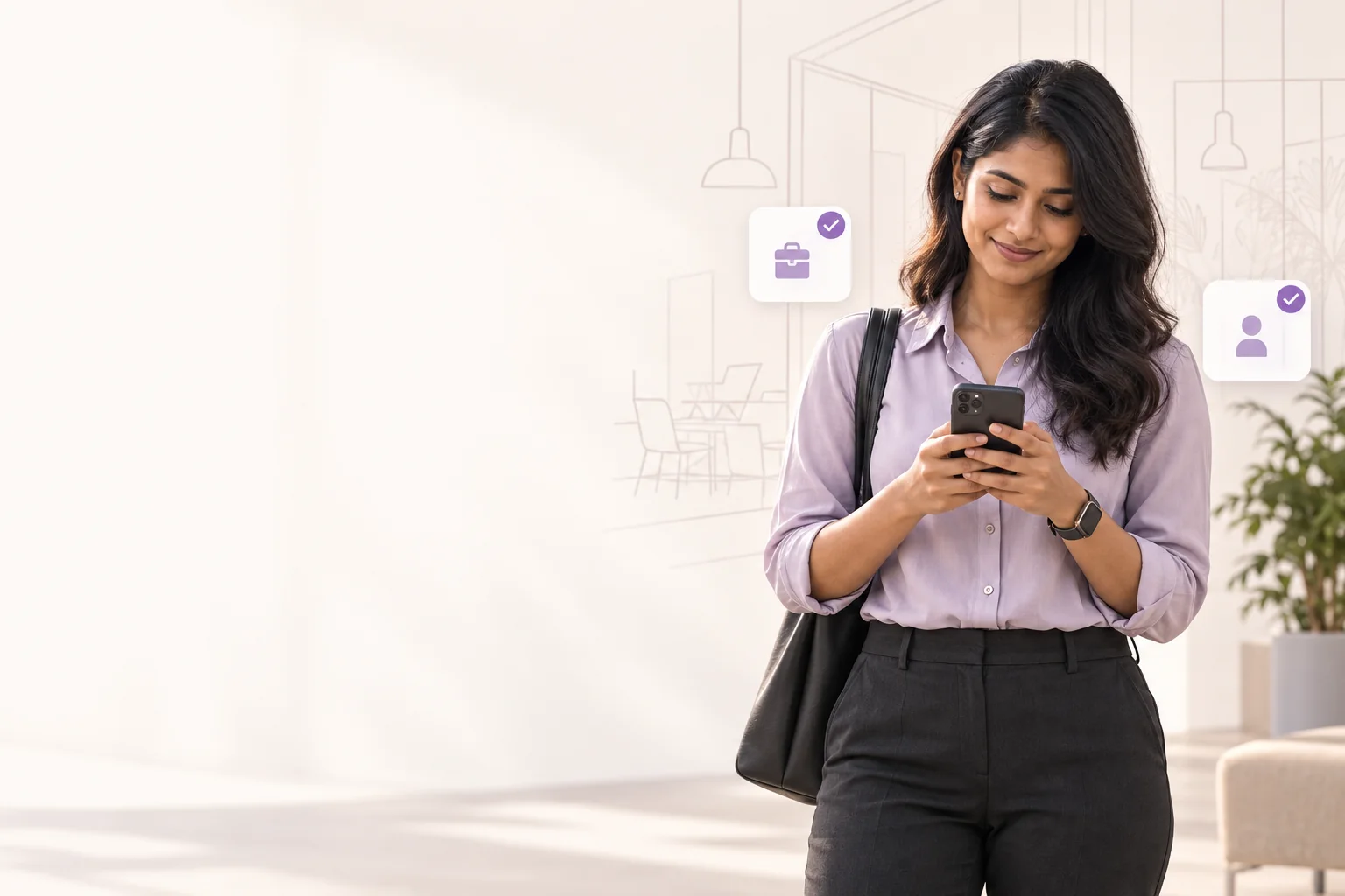 A professional checking a job update on her phone