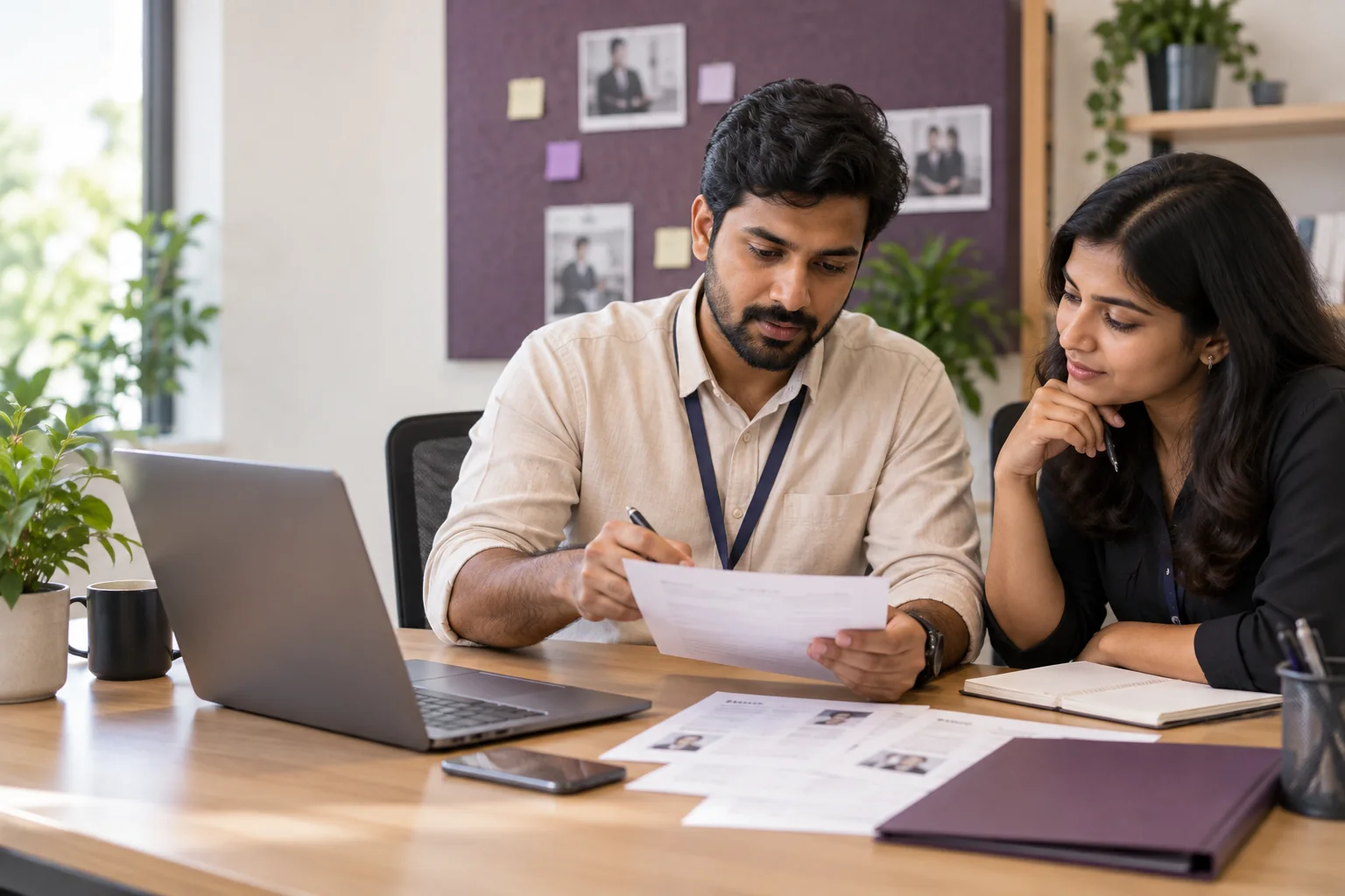 Hiring colleagues reviewing candidate notes